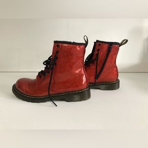 Dr. Martens sparkly scarlet orange boots. Size 7